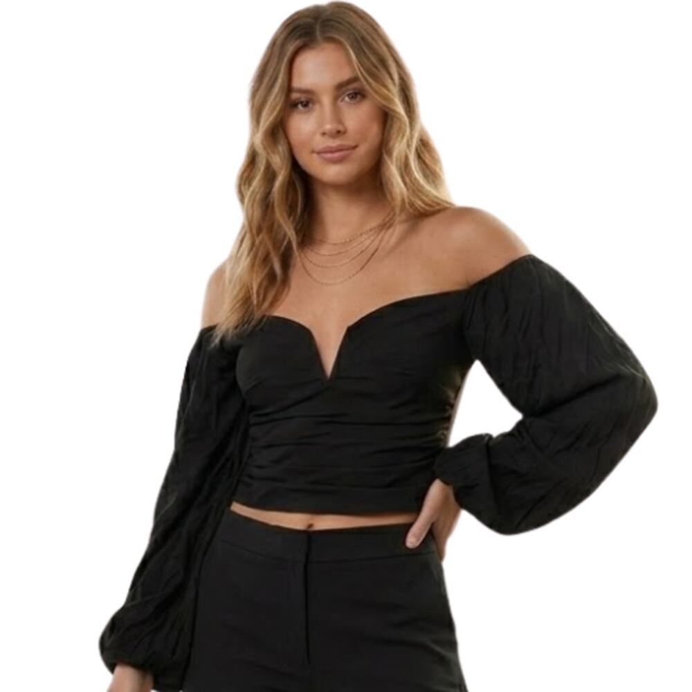Nicole Miller Off Shoulder V Neck Crop Top Black NWT Size S